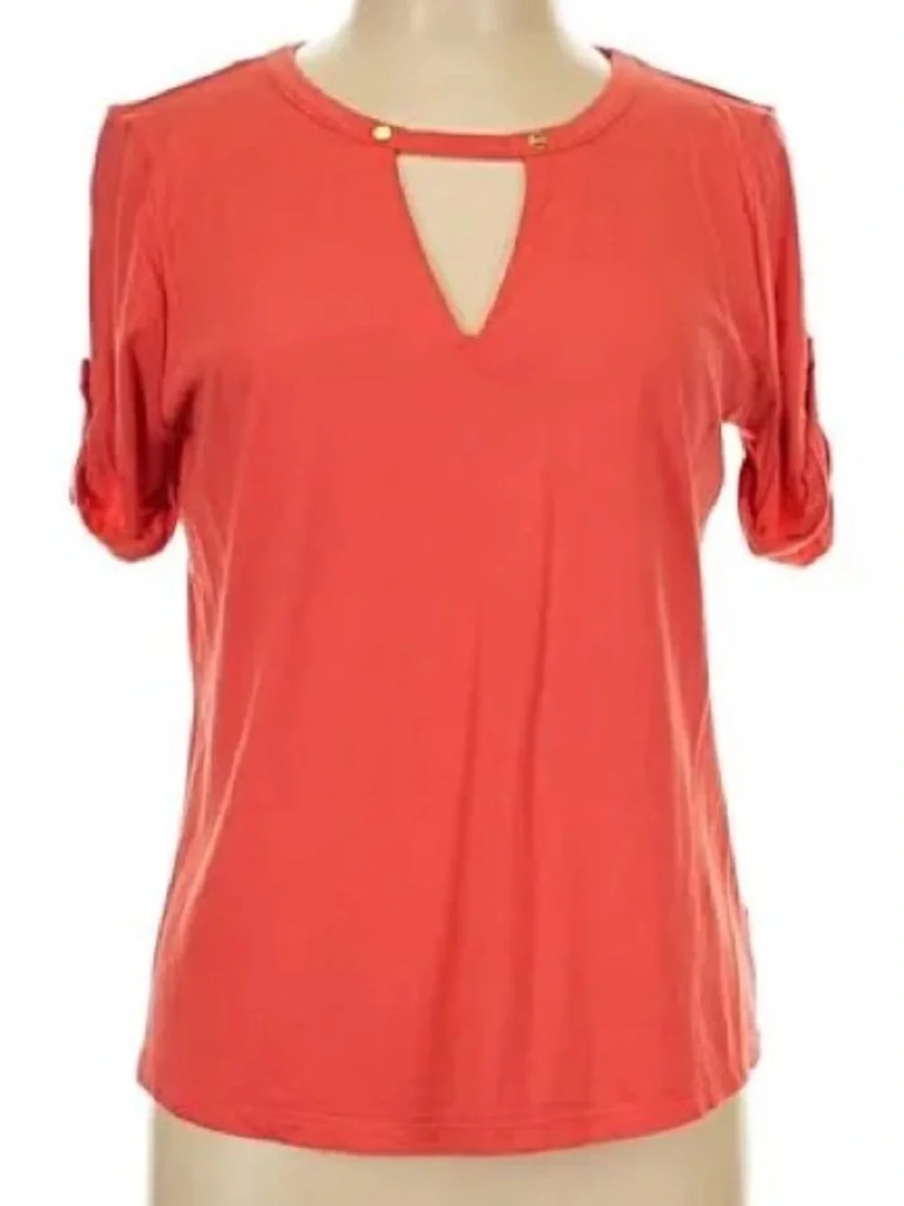 Michael Kors Keyhole Front Gold Logo Buttons Orange Short Sleeve Top Blouse